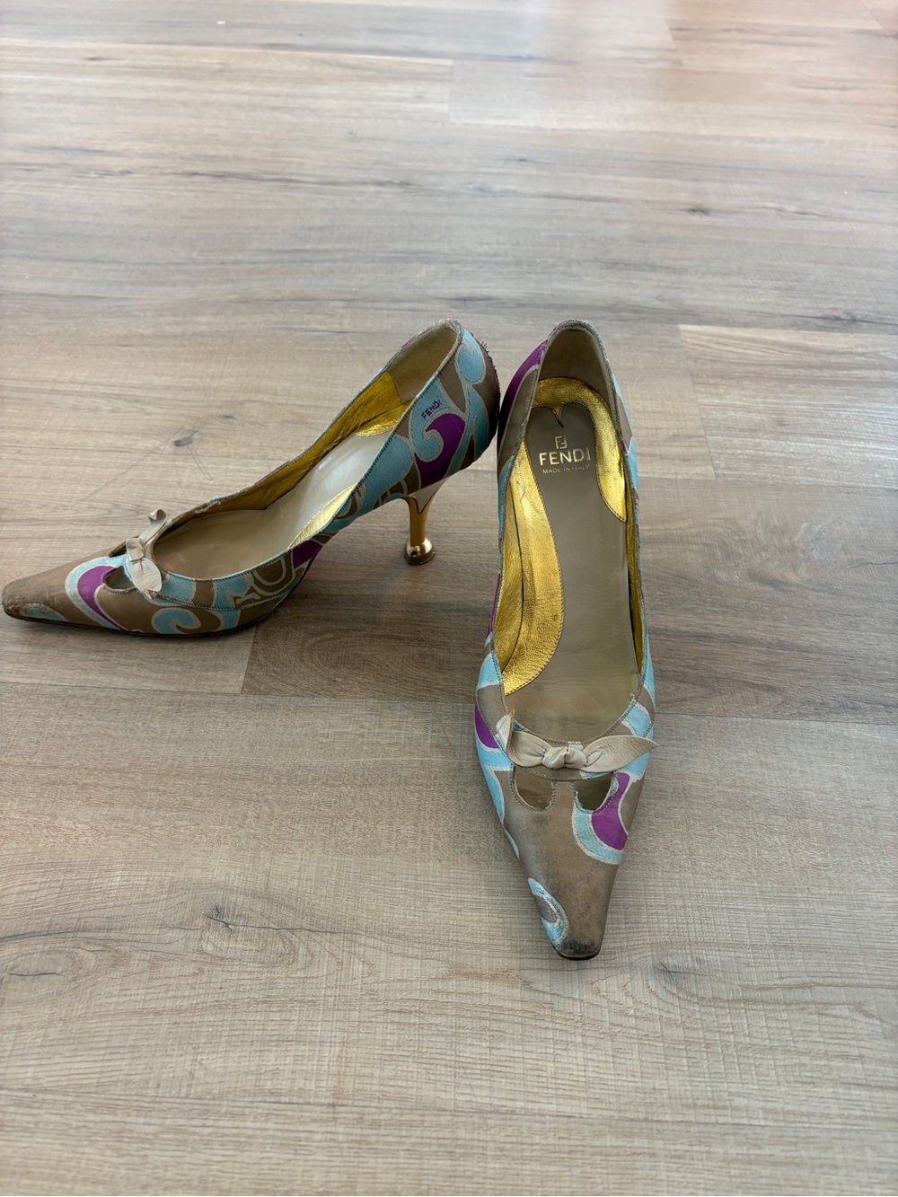 Fendi Pointed-Toe Swirl Print Heels in Beige, Teal & Purple